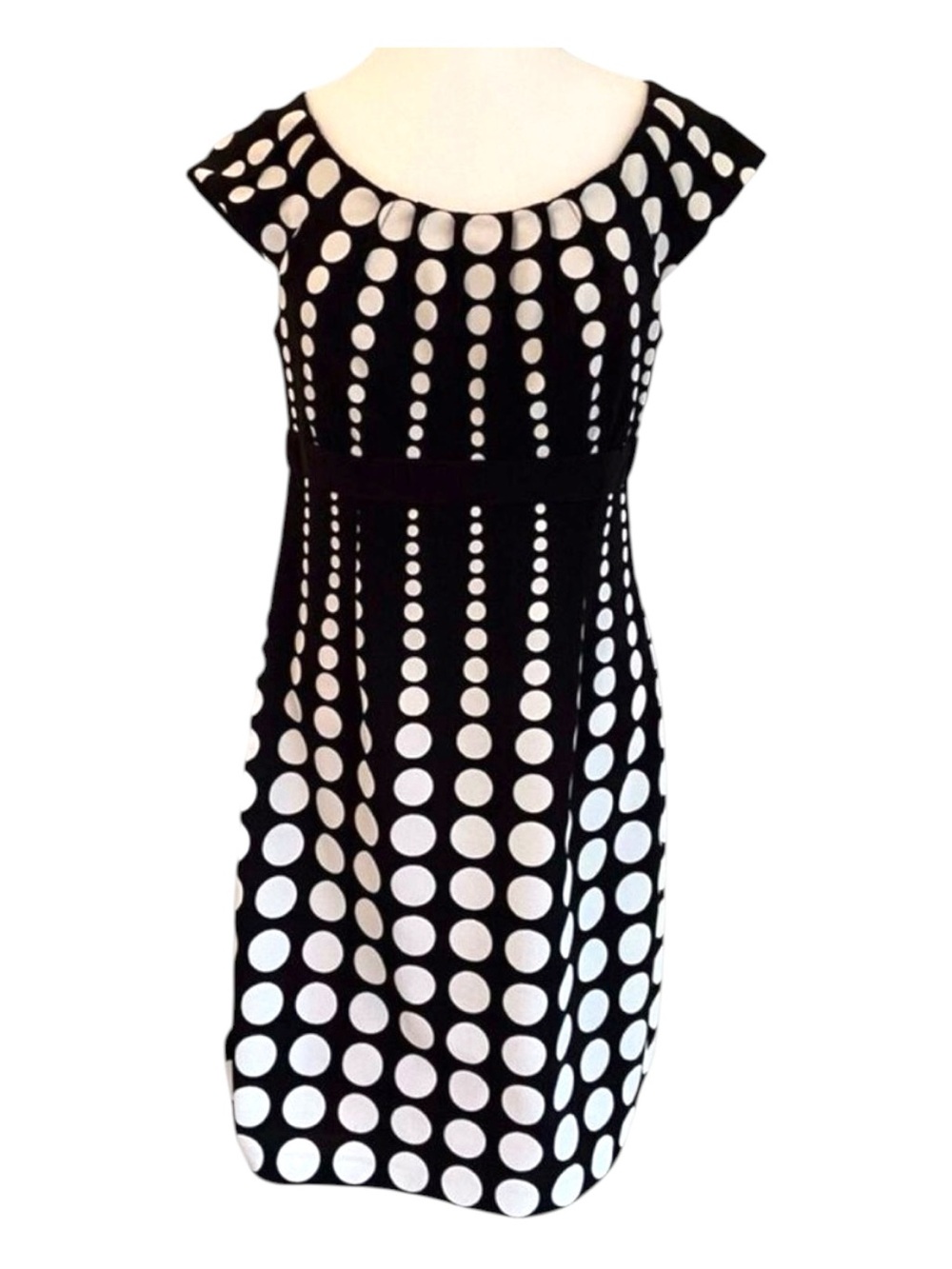 Maggy London sheath pleated dress Melanie Lyne black white dots empire waist 14